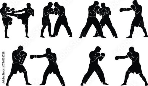 Martial arts silhouette, combat training pose, kickboxing duo, self defense illustration, fighting stance vector, sparring action, black figures, sports movement, athlete icon, dynamic posture