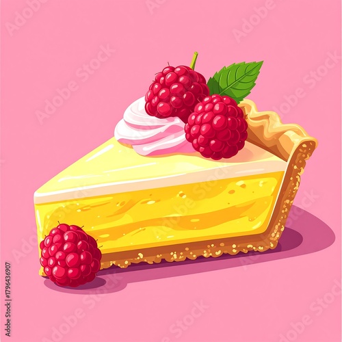 A vibrant illustration of a sweet dessert slice with yellow filling, whipped cream, and fresh red berries. Pink background
