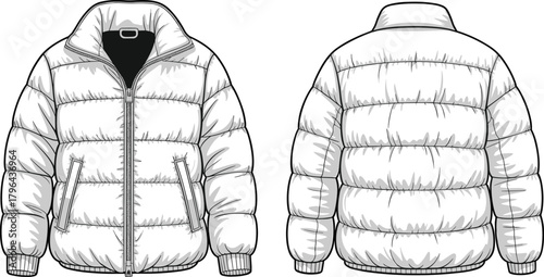 Puffer jacket technical sketch, front and back view, quilted coat vector, insulated outerwear design, fashion flat, winter apparel, garment blueprint, zipper closure