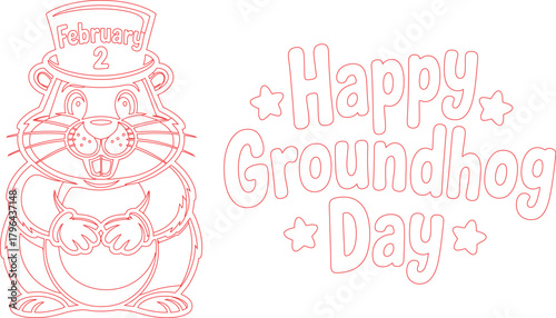 Red Outline Drawing of Groundhog With Hat Marked February 2nd and Happy Groundhog Day Text