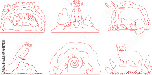 Red Outline Illustration Badger in Burrow, Meerkat, Fox Den, Bird on Rock, Spiral Design, Dog