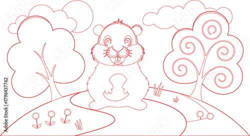 Red Outline of a Chipmunk in a Field With Trees and Flowers