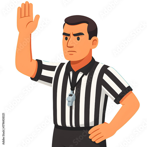Cartoon sports referee in striped uniform with whistle making a stop hand signal to call a foul or penalty