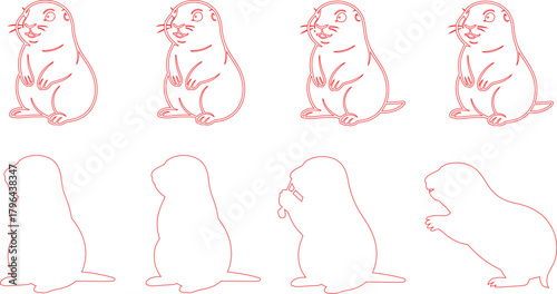 Red Outlines of Animated Prairie Dogs in Various Poses on White Background