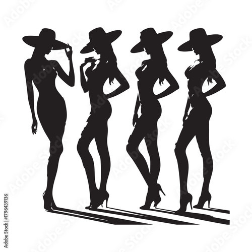 Four black silhouette women wearing wide brim hats and high heels female fashion