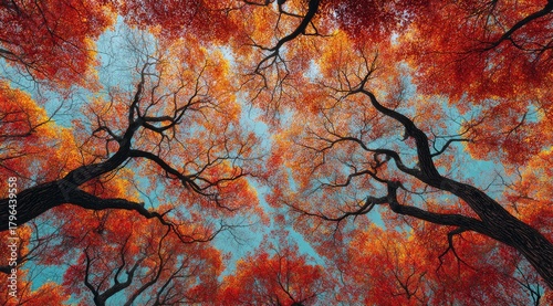 Orange leaf canopy against blue sky