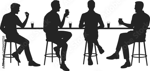 Bar counter silhouette set, seated people with drinks, casual social scene, black vector illustration, leisure icon, white background