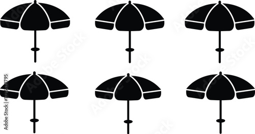 Beach umbrella silhouettes, summer shade icons, black vector design, outdoor leisure, vacation symbols, stylized parasols, isolated graphic asset, simple illustration