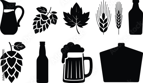 Beer brewing icons, hops barley silhouette, bottle mug vector, black white contrast, fermentation tools, alcohol design, drink symbols, craft beer