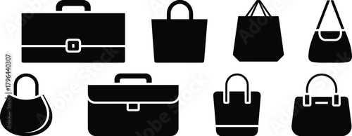 Bag silhouette collection, handbag icons, briefcase shapes, tote designs, fashion accessories, vector illustration, black graphic asset, isolated style reference