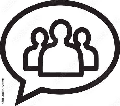 Outline vector icon of a speech bubble containing three connected people representing social network or group communication
