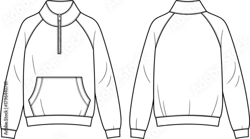 Technical flat sketch of half-zip sweatshirt, raglan sleeve design, fashion template, garment construction drawing, apparel illustration, vector outline, kangaroo pocket, ribbed hem