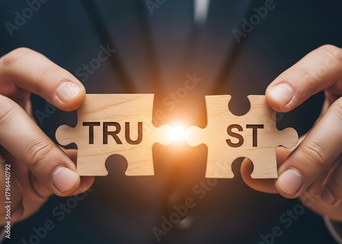 A man shares two puzzles with the word Trust. Violation of agreements and promises concept. Lose credibility and failed to maintain professional reputation. Lie and cheat. Bad consequences.