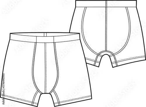 Technical flat sketch of men’s boxer briefs, contour seam design, fashion template, garment construction drawing, apparel illustration, vector outline, waistband, stitching details
