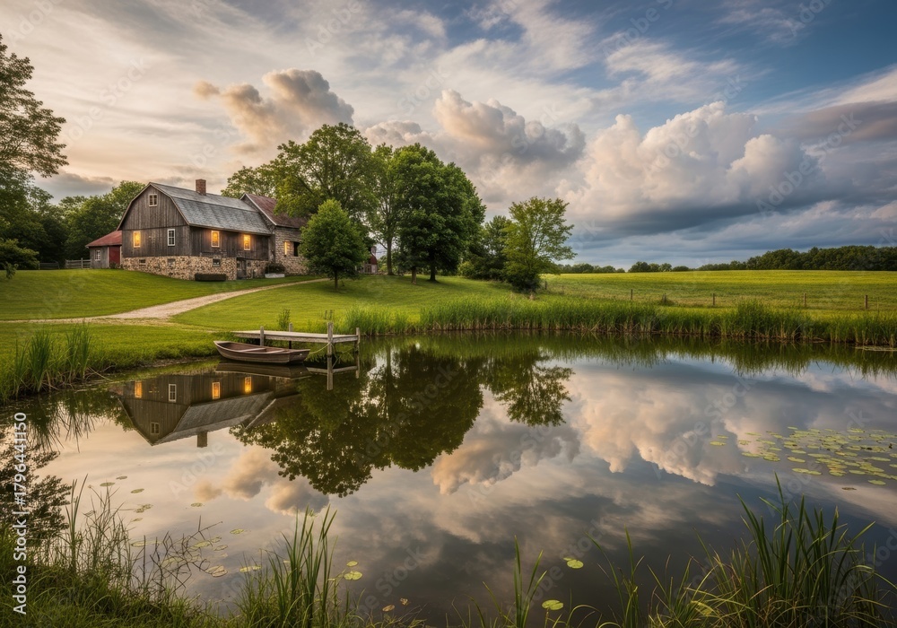 Obraz premium Tranquil Pond Reflection and Autumn Trees