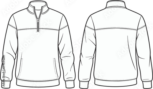Technical flat sketch of quarter-zip sweatshirt, stand collar design, fashion template, garment construction drawing, apparel illustration, vector outline, kangaroo pocket, ribbed cuff hem