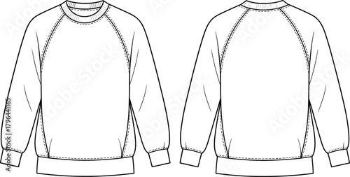 Technical flat sketch of raglan sweatshirt, crewneck ribbed cuff design, fashion template, garment construction drawing, apparel illustration, vector outline, seam placement details