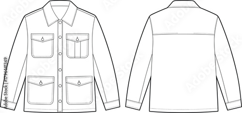 Technical flat sketch of shirt jacket, button-up flap pocket design, fashion template, garment construction drawing, apparel illustration, vector outline, collar, stitching details