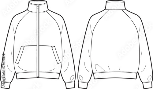 Technical flat sketch of zip-up jacket, high collar design, fashion template, garment construction drawing, apparel illustration, clothing blueprint, vector outline, pocket details