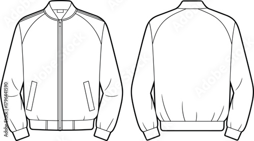 Technical flat sketch of zip-up jacket, raglan sleeve stripe design, fashion template, garment construction drawing, apparel illustration, vector outline, ribbed cuff hem