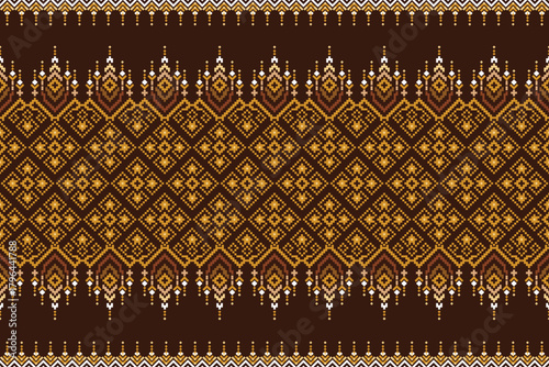  A sophisticated banded design featuring intricate, pixelated diamond and star motifs in shades of gold, amber, and white on a rich, dark brown background.
