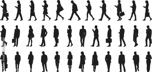 Business people silhouettes, professional poses, walking and standing figures, mobile device usage, briefcase icons, corporate attire, crowd behavior reference