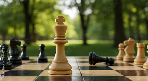Outdoor chessboard scene; central white king amid toppled and standing pieces, sunlit park backdrop!