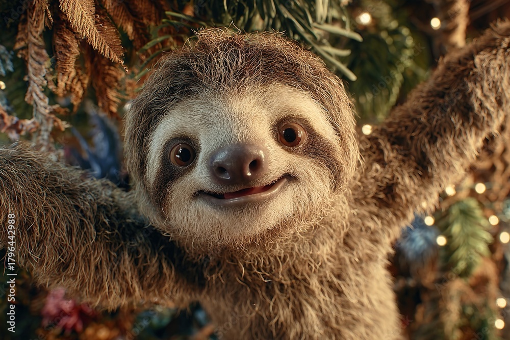 Naklejka premium Close up funny sloth smiling on tree branch in tropical rainforest with warm light and detailed fur