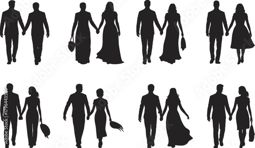 Couple silhouette set, romantic pair icons, holding hands poses, black vector design, relationship symbols, isolated graphic asset, love illustration