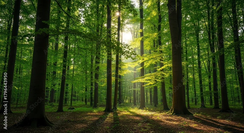 Fototapeta premium Sunlight Beams Through a Lush Green Deciduous Forest Canopy.