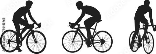 Cyclist silhouette set, road bike riders in motion, varied postures and angles, black vector illustration, sports icon, white background