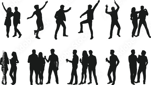 Dancing couple silhouettes, social interaction poses, celebration gesture icons, human movement reference, party vector set, body language design asseteb