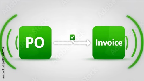 2D UI animation of 'PO' and 'Invoice' tiles connecting, turning green, and showing a 2-way match checkmark.