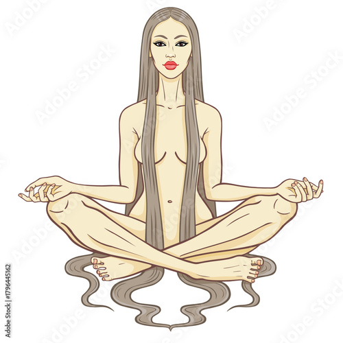 Beautiful young girl sits in a lotus position. Vector illustration.	