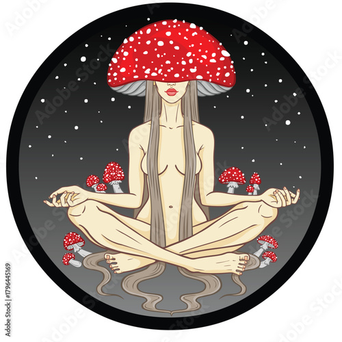 Girl in meditation with a fly agaric on her head. Background - night starry sky. Vector illustration.	
