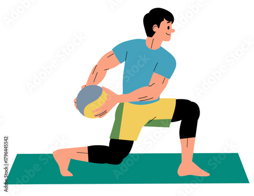 Man performing a lunge exercise with a medicine ball, combining lower body strength and core rotation.