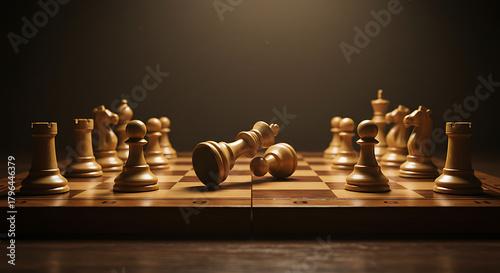 Dramatic chessboard under warm spotlight; scattered pieces mid-game evoke tense balance. tight mood