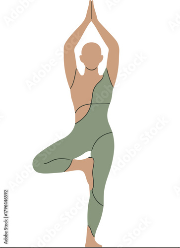 Person practicing yoga tree pose vector illustration with arms raised and one leg bent