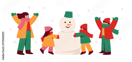 Children building a snowman, winter event illustration