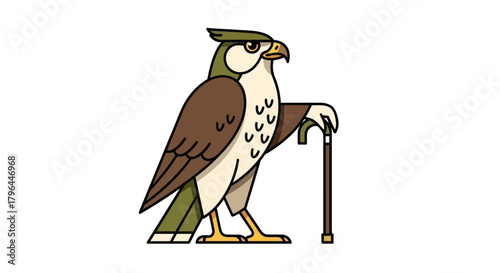 Stylized bird illustration holding cane on white background