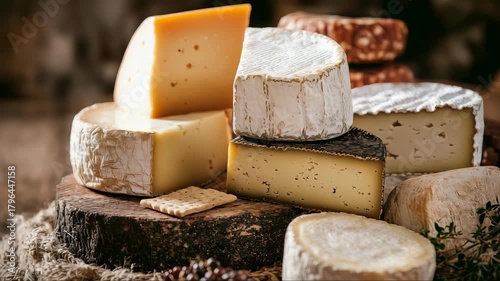 Artisan cheese selection on wooden board with crackers and rustic background setting