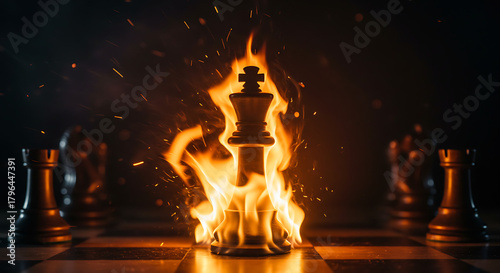 A flaming chess king stands center on a dark board, sparks flying as other pieces fade. Flames loom!