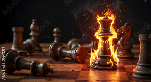 A burning chess rook stands among toppled pieces on a dark board, flames illuminate the tense scenes