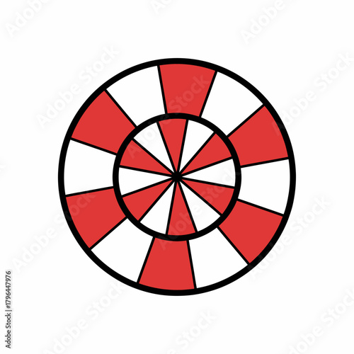Red and white peppermint candy swirl circular design festive holiday icon perfect for Christmas sweet treat or confectionery branding logo
