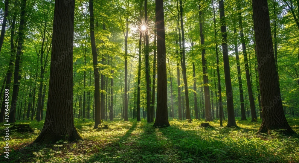 Obraz premium Sunlit Forest Canopy - A Serene Woodland Scene.