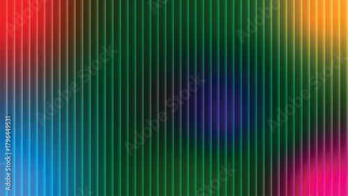 Emerald and navy geometric artwork with strong vertical stripe distortion, glowing central form, circular frame depth, and smooth gradient abstract transitions.
