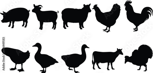 Farm animal silhouettes, pig goat sheep hen rooster duck goose swan cow turkey, black icons, livestock shapes, rural illustration