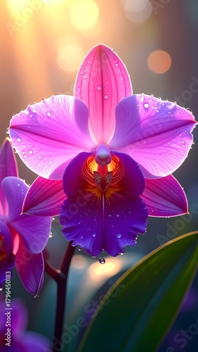 Firefly Macro shot of an orchid with purple and pink petals, dew droplets glistening in the sunlight