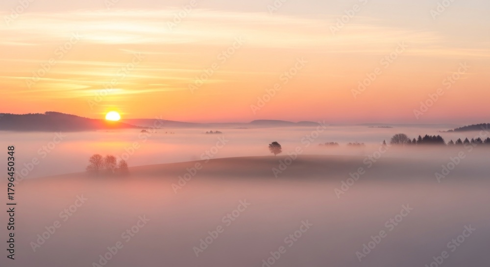 Naklejka premium Sunrise Over Misty Landscape - A Serene Morning Scene.