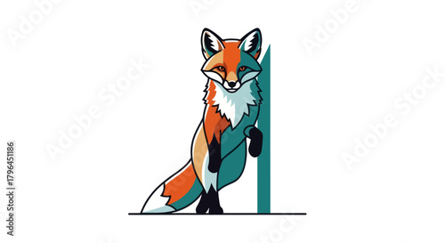 Stylized fox illustration leaning against a green vertical element